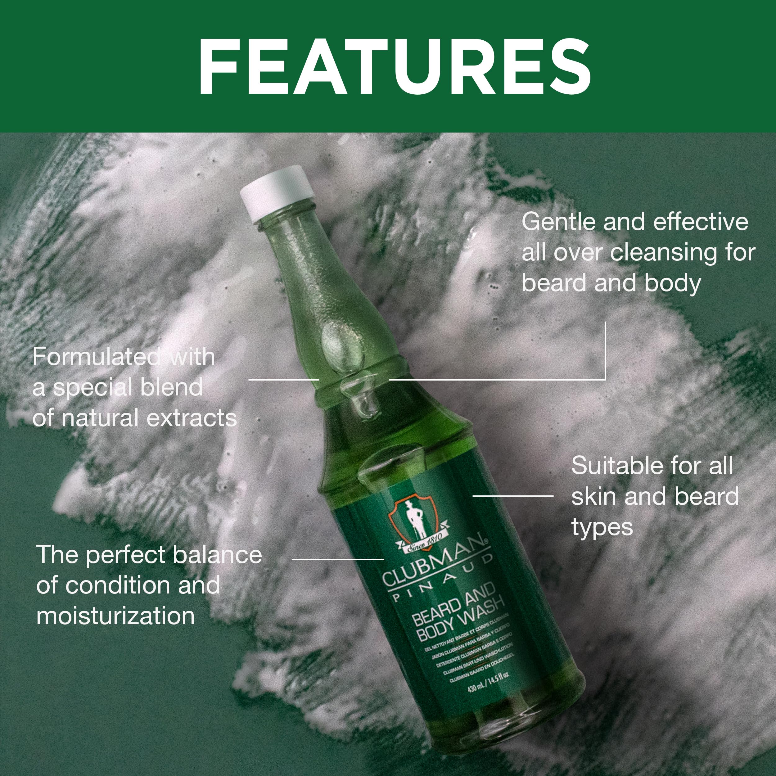 Clubman Pinaud Beard and Body Wash – Refreshing Beard Wash & Dual-Purpose Cleanser for Beard and Skin, Men’s Aftershave, 14.5 fl oz - Image 4