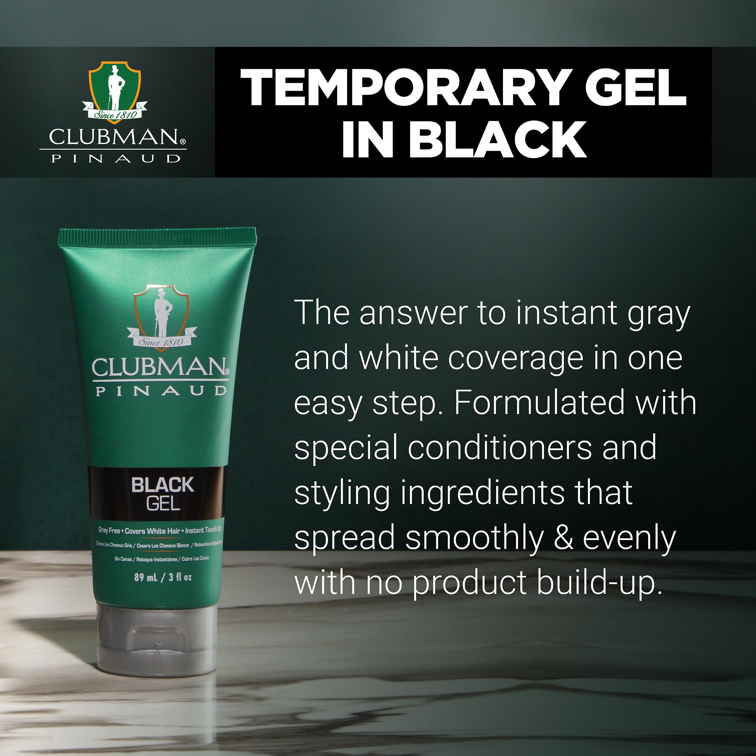 Clubman Pinaud Black Styling Gel - Grey-Free Hair Gel for Men, Instant Touch-Up White Hair Coverage & Flexible Hold, Unscented, 3 fl oz - Image 3