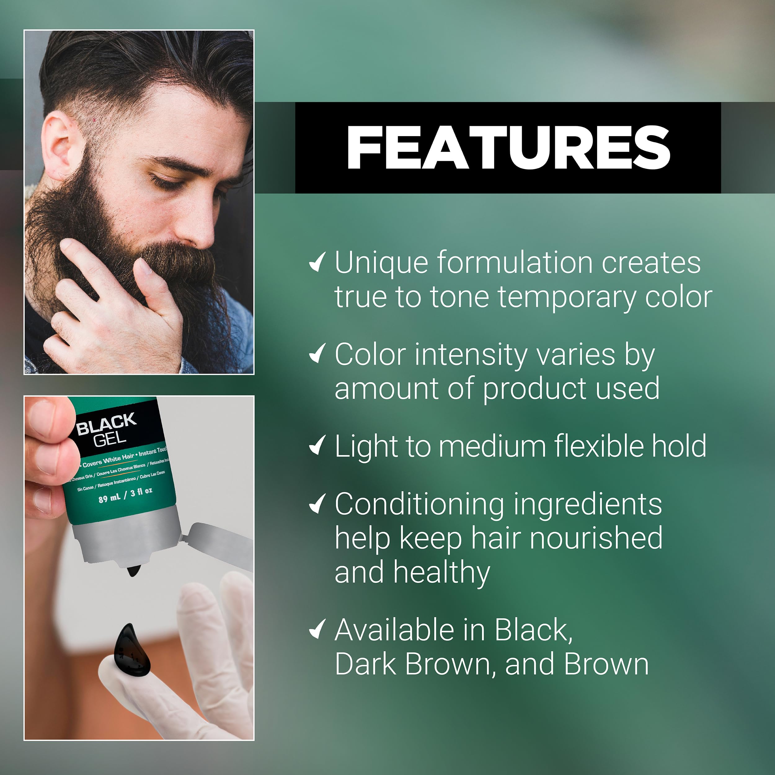 Clubman Pinaud Black Styling Gel - Grey-Free Hair Gel for Men, Instant Touch-Up White Hair Coverage & Flexible Hold, Unscented, 3 fl oz - Image 4